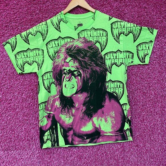 WWE Ripple Junction Neon Green The Ultimate Warrior Allover Print T-Shirt Size L - Picture 3 of 5